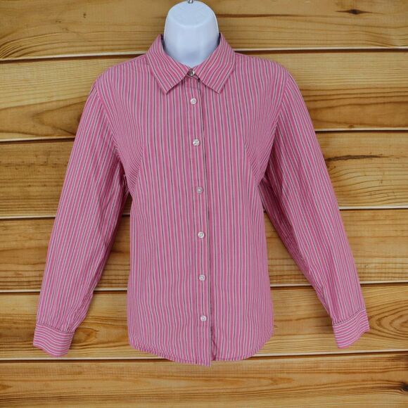 IZOD Button Up Shirt Womens‎ Size XL Pink Striped 100% Cotton Long Sleeve Collar - Picture 1 of 7